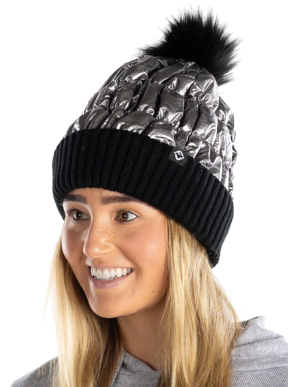7531 Metallic Puffer Beanie with Faux Fur Pom Pom, Soft Fleece Lined Knit